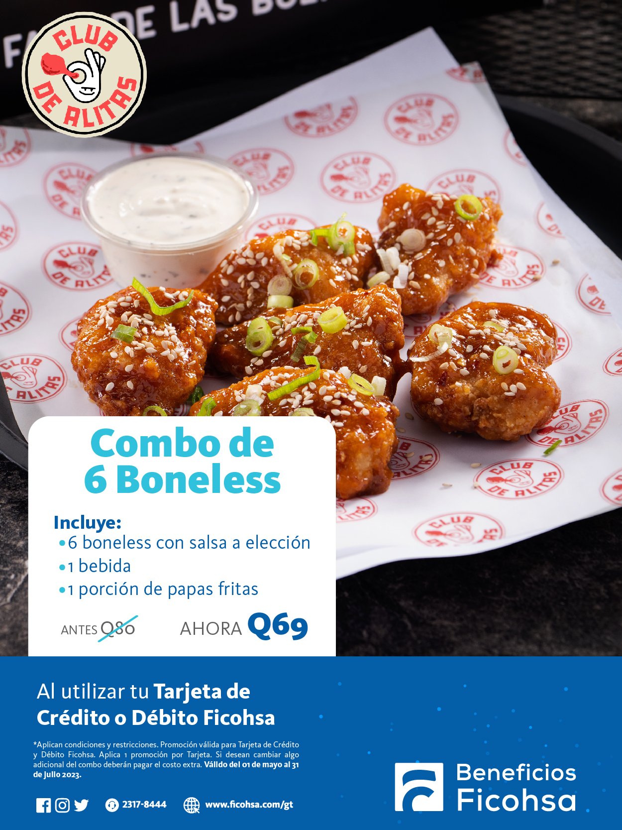 Combo de 6 boneless y 20 alitas o boneless ¡tú eliges! en Club de Alitas |  Ficohsa